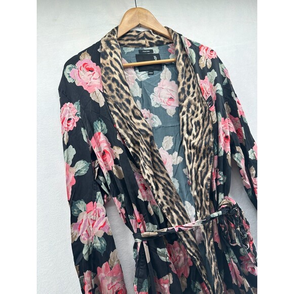R13 Silk Smoking Robe With Piping Black Floral Leopard Print Size M Tie Belt - Picture 6 of 16
